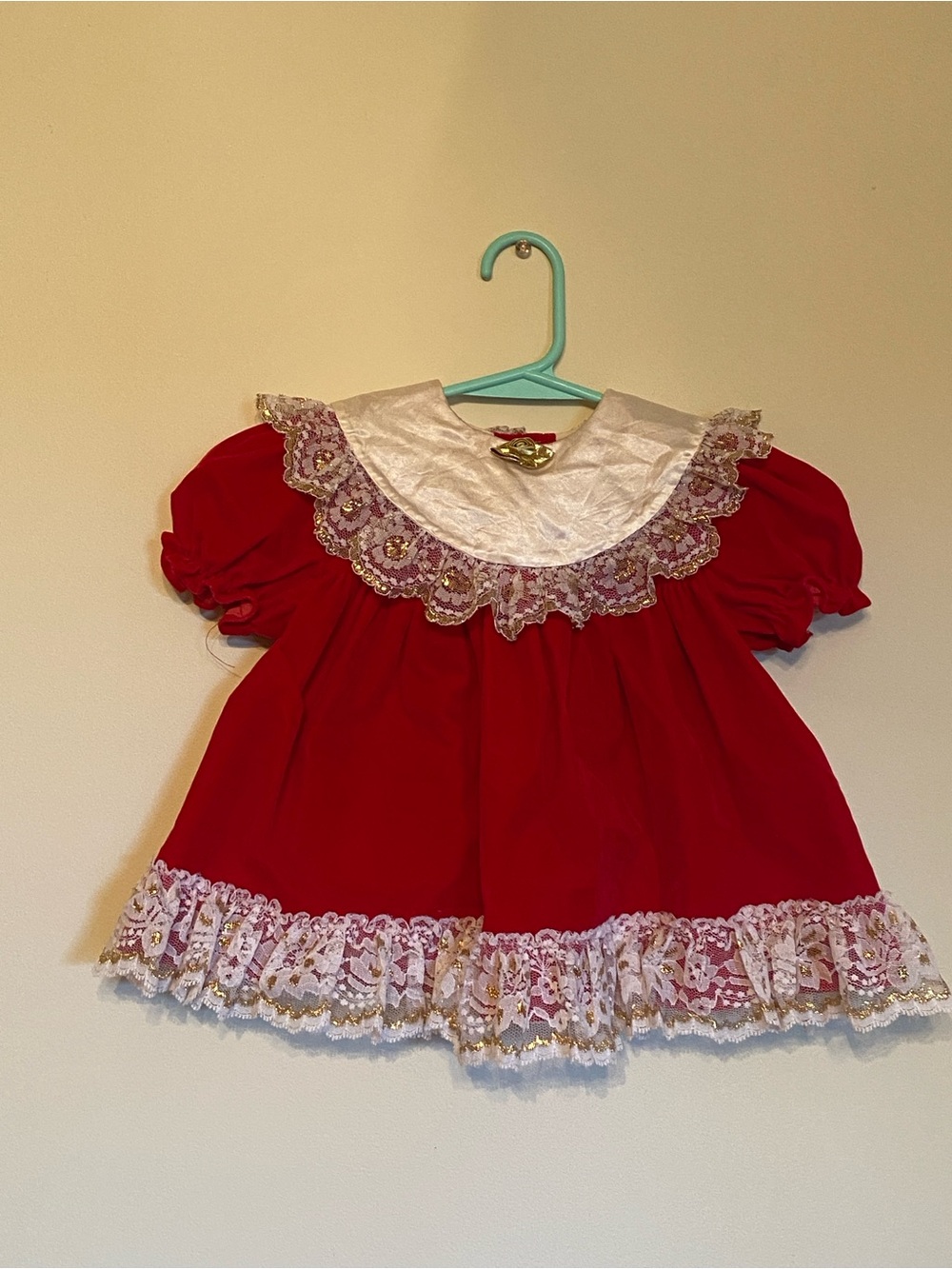 Girls Vintage Red Lace-Trim Dress Top